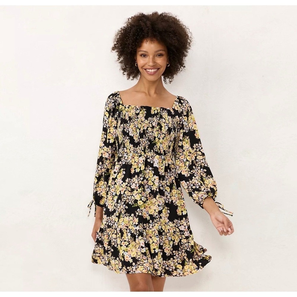 Floral Smocked Square Neck Long Sleeve Mini Dress Medium Boho LC Lauren Conrad